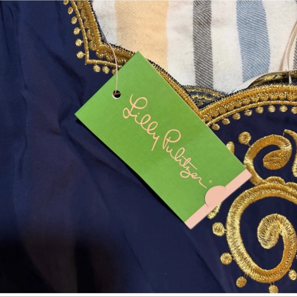 Lilly Pulitzer Navy Gold Embroidered Halter Dress Small NWT - Picture 7 of 11